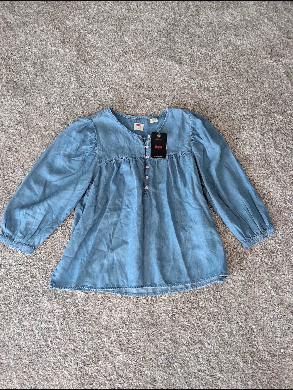 Levi's NWT Halsey Lyocell 3/4 Puff Sleeve Blouse Chambray Blue S